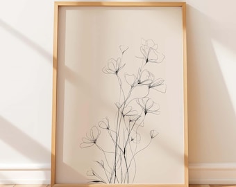 Grafika liniowa z motywem dzikich kwiatów, minimalistyczny plakat ze szkicem botanicznym, neutralna beżowa dekoracja ścienna z motywem kwiatowym do skandynawskiego domu