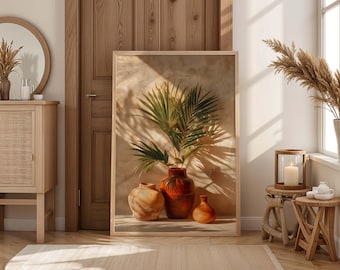Palmblad i terrakottavaser Boho kustnära väggkonst