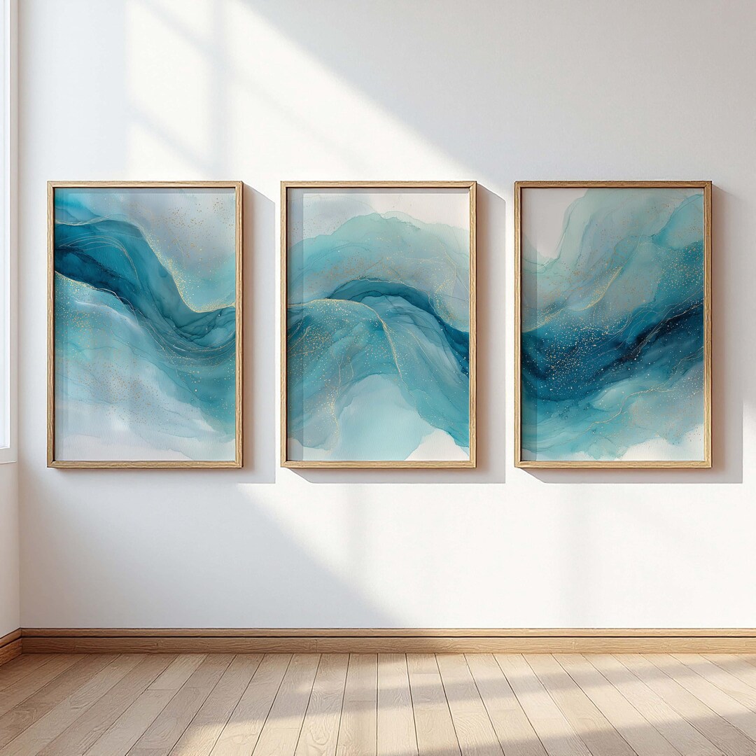 Blue Coastal Abstract Waves Triptych Printable Wall Art Set of 3 ...