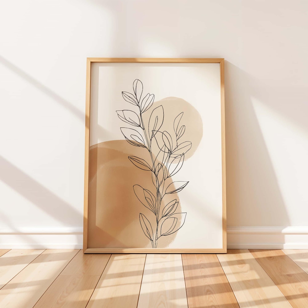 Botanical Line Art Print, Neutral Beige Leaf Drawing, Minimalist ...