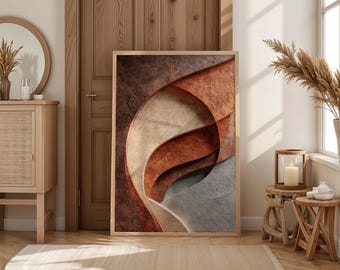 Poster di arte murale minimalista in terracotta astratta, forme neutre nei toni della terra, moderno, strutturato, download digitale per arredamento contemporaneo.