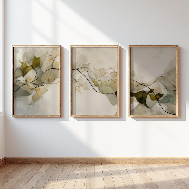 Abstract Botanical Printable Wall Art, Neutral Green Ink Line Art ...