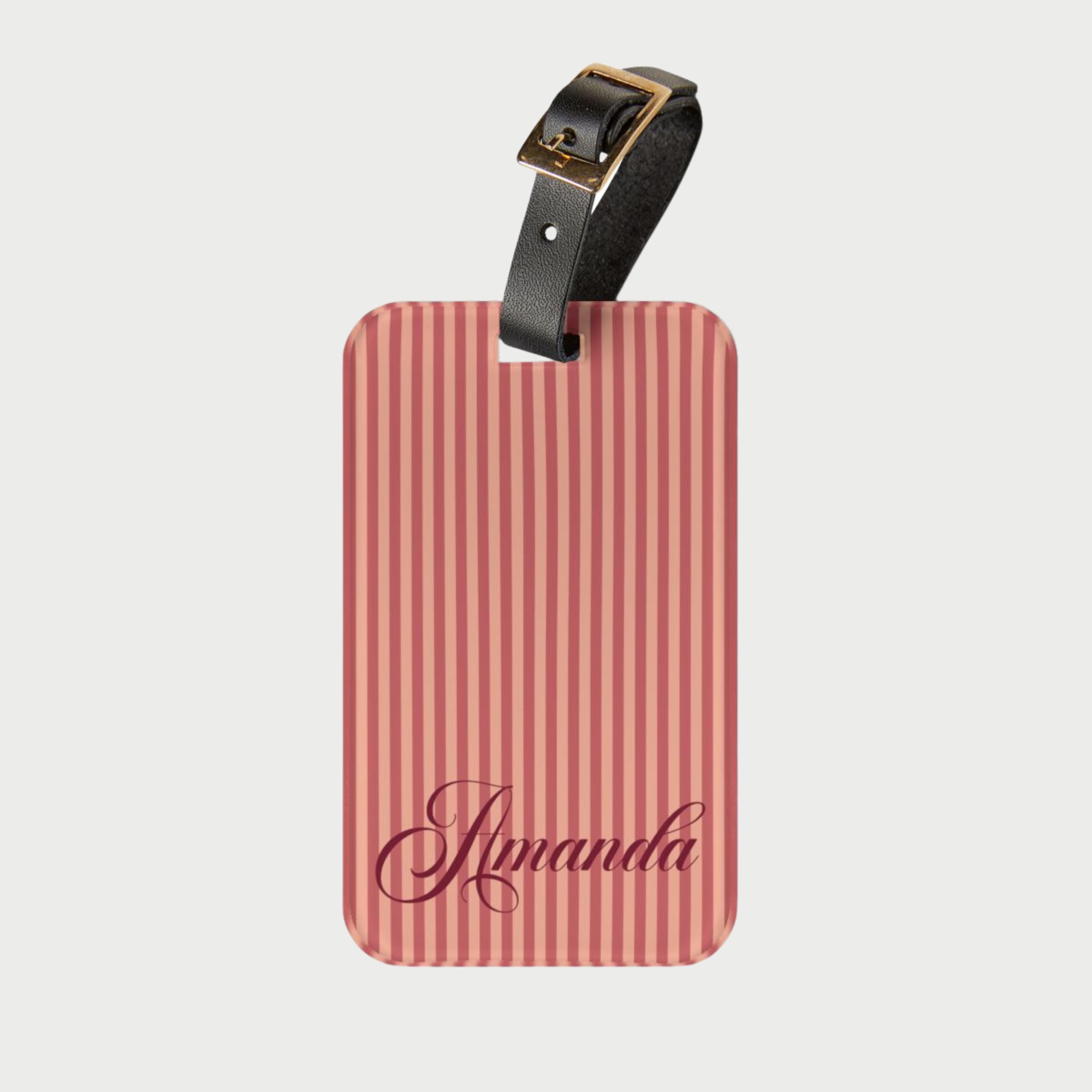 Personalized Striped Luggage Tag Custom Name Coral Bag Tag with Leather Strap