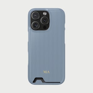 Personalized Striped Phone Case with Card Holder | Custom Monogram Dusty Blue Case