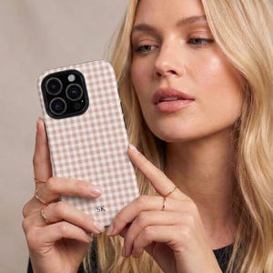 Personalized Gingham Phone Case: Custom Monogram Checkered Case in Beige