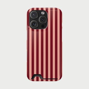 Burgundy Striped Phone Case With Card Holder | Blush Vertical Stripe Case | Slim Aesthetic Phone Cover With Card Slot