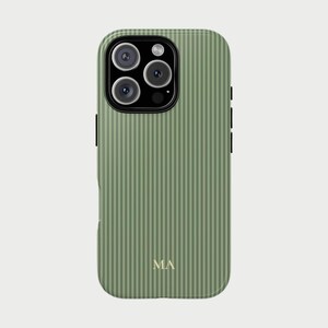 Personalized Sage Green Tough Phone Case | Custom Monogram Initial Striped Case