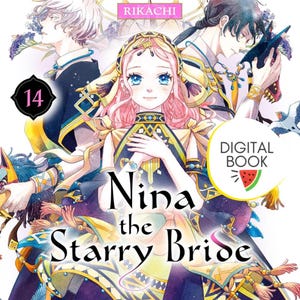 Può includere: Copertina di libro digitale in stile manga. Raffigura una donna con capelli rosa e occhi blu, vestita con un abito dorato e nero. Il titolo "Nina the Starry Bride" è ben visibile, insieme al numero "14". È presente anche il testo "Digital Book".