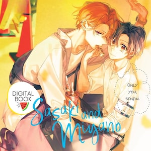 Puede incluir: Ilustración de portada de libro digital con dos personajes masculinos de estilo anime. Uno con cabello naranja alimenta al otro, que tiene cabello oscuro. El título "Sasaki and Miyano" está en escritura turquesa, con "Digital Book" y una sandía.