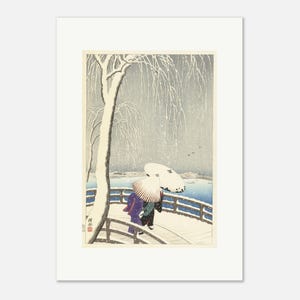 柳橋の雪、小原古邨、1920年、日本の木版画、冬の風景画、新版画の雪景