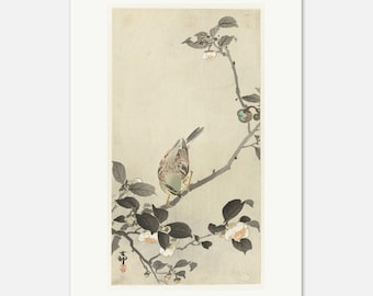 花の咲く枝に止まるメジロ – ヴィンテージ浮世絵ウォールアート