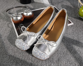 Ballerine argentate fatte a mano, scarpe con punta glitterata per donna, ballerine con fiocco, comode scarpe da tutti i giorni, scarpe in morbida similpelle, grazioso regalo per lei