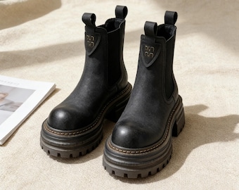 Soft Artisan Black Boots,Distressed Slouchy Chelsea Booties with Chunky Lug Sole,Retro Workwear Shoes,Gothic Footwear,Valentine Day Gift.