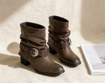 Handmade Brown Western Boots, Slouchy Cowgirl Shoes, Vintage Distressed Ankle Booties, Block Heel Buckle Strap, Boho Festival Vegan Gift