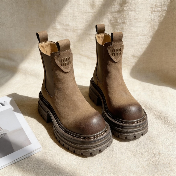 Soft Artisan Dark Brown Boots,Distressed Slouchy Chelsea Booties with Chunky Lug Sole,Gothic Footwear,Valentine Day Gift