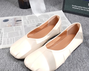 Handmade Leather Ballet Flats for Women, Cream Soft Square Toe Style, Comfortable Daily Shoes, Minimalist Chic Look, Gift for Her