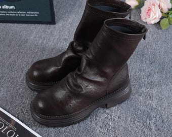 Handgefertigte Wildlederstiefel, bequeme Stiefeletten, braune Winterstiefel, Reißverschluss, lässiger Alltagsstiefel, Geschenk für sie, Winterschuhe