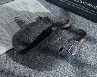 Handmade wool felt clog slippers for women, warm grey house shoes, cozy fur lined mules with buckle, non slip indoor comfort, gift for her