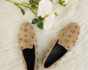 Handmade Suede Slip-On Loafers, Beige Flats with Gold Studded Detail, Comfortable Casual Shoes,Fashionable Everyday Footwear, Christmas Gift