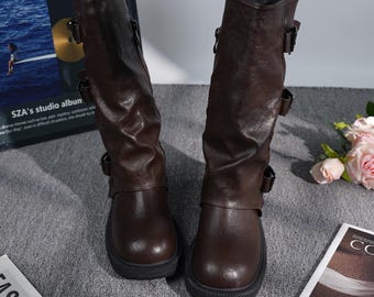 Handgefertigte Leder Mitte der Wade Stiefel, Frauen Schnalle Stiefel, bequeme Winterschuhe, lässige Alltagsschuhe, Weihnachtsgeschenk für sie