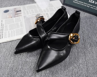 Handmade Black Strap Flats for Women, Pointed Toe Leather Shoes with Gold Buckle, Elegant Daily Wear Shoes, Comfortable Gift for Her