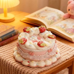 Puede incluir: Un pastel rosa en capas con remolinos de glaseado blanco y decoraciones de fresas. El pastel tiene un borde con volantes y está colocado sobre una superficie tejida. Decorado con pequeñas flores blancas y chispas pastel.