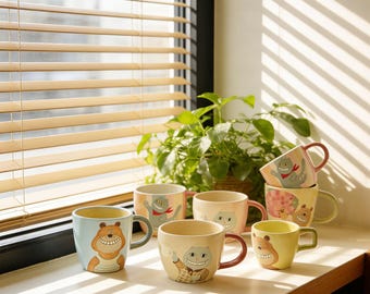 Taza de cerámica con forma de animal hecha a mano, taza de café pintada a mano