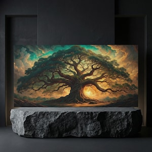 May include: A large, rectangular canvas print depicting a majestic tree with sprawling branches and a vibrant, colorful sky. The artwork is displayed on a dark gray stone pedestal, creating a dramatic presentation.