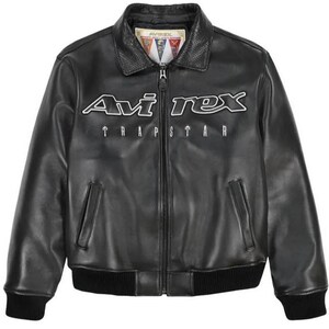 May include: Black leather jacket with a zip-up front, two front pockets, and a ribbed hem and cuffs. The jacket features the white text "Avi Rex TRAPSTAR" across the chest and a collar with a textured design.