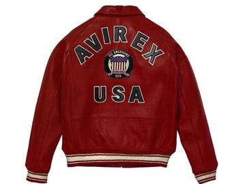 Avirex Red USA Leather Bomber Jacket, American Flight Style, Genuine Cowsoft Leather