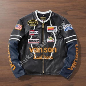 Vanson Leather Racing Jacket, Black Motorcycle Biker Jacket With