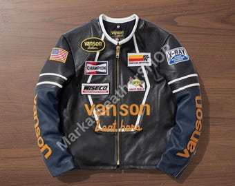 Vanson Leather Racing Jacket, Black Motorcycle Biker Jacket With