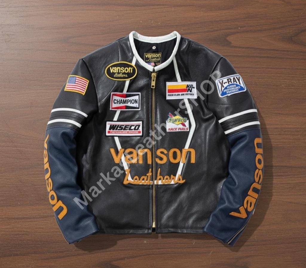 Vanson Leather Racing Jacket, Black Motorcycle Biker Jacket With