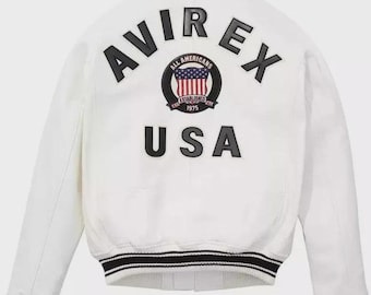 AVIREX White Icon Leather Bomber Jacket, USA Edition, Genuine Cowsoft Leathers, Military Style Jacket