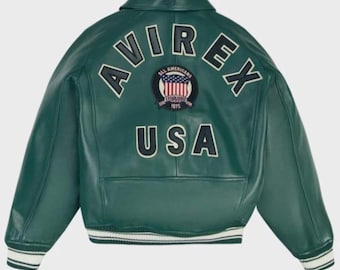AVIREX Green Leather Bomber Jacket, Genuine Cowsoft Leather, USA Edition, Military Style