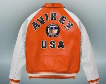 Chaqueta bomber de cuero AVIREX naranja y blanco, edición estadounidense, piel auténtica de vaca, estilo militar.