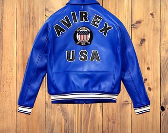 Chaqueta bomber de cuero AVIREX Blue Icon, edición estadounidense, piel auténtica de vaca, estilo militar