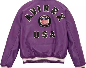 Avirex Purple USA Leather Bomber Jacket, American Flight Style, Genuine Cowsoft Leather