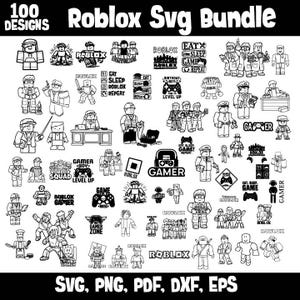 May include: A black and white digital art bundle featuring 100 Roblox-themed designs. The collection includes various characters, logos, and phrases like "Gamer," "Eat Sleep Game Repeat," and "Level Up." The file formats are SVG, PNG, PDF, DXF, and EPS.