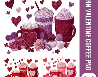Café de San Valentín con hilo PNG/ Tazas de cacao tejidas con corazones/ Sublimación de chocolate caliente con hilo/ Diseño de camiseta de San Valentín para amantes del café (Descarga digital)