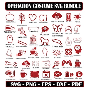 May include: A red and white graphic bundle titled "OPERATION COSTUME SVG BUNDLE" with various icons representing different concepts. Includes an apple, a broken heart, a butterfly, and a wallet. The bundle is available in SVG, PNG, EPS, DXF, and PDF formats.