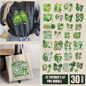 Op de afbeelding: Een verzameling ontwerpen met het thema St. Patrick's Day met de nummers 6 en 7, klavers en tekst. De ontwerpen staan op een zwarte sweatshirt en een beige draagtas. De tekst "Six Seven" is zichtbaar op de draagtas.