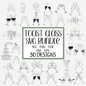 Puede incluir: Un paquete SVG en blanco y negro con 30 diseños de copas de brindis. Los diseños incluyen copas de champán, copas de vino y copas de cóctel, con elementos de celebración. También se incluye el texto "Toast Glass SVG Bundle".