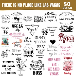 Puede incluir: Una colección de 50 diseños con temática de Las Vegas en negro, blanco y rojo. Los diseños incluyen texto como "Vegas Trip", "Vegas Squad" y "What happens in Vegas". También hay ilustraciones de dados, naipes y bailarinas.