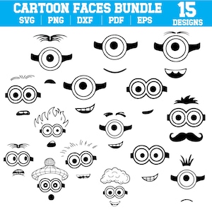 May include: A collection of 15 cartoon face designs in black and white. The designs include various eye shapes, eyebrows, mouths, and accessories. The image includes the text "CARTOON FACES BUNDLE" and file type options: SVG, PNG, DXF, PDF, and EPS.