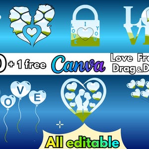 Può includere: Un design grafico digitale con elementi a tema amore. Include palloncini a forma di cuore che compongono "LOVE", sagome di coppie e un lucchetto con "I LOVE YOU". Il testo recita "40 + 1 free Canva Love Frame Drag & Drop All editable".