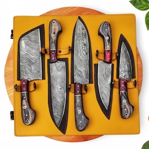 Personalized Damascus Steel Chef Knife Set | Hand-Forged Kitchen Knives, Leather Roll