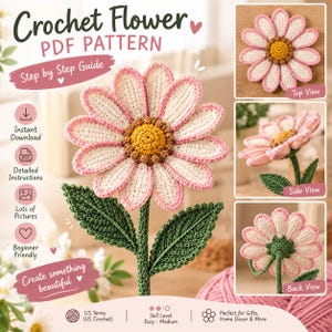Crochet Flower Pattern PDF, Daisy Flower Crochet Pattern, Crochet Bouquet Tutorial, Easy Flower Pattern, Handmade Gift, Instant Download