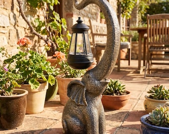 Solar Elephant Lantern Statue – Bronze Resin Garden Decor with LED Light | Outdoor Patio Yard Sculpture