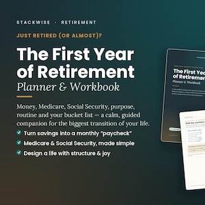 Puede incluir: Un planificador y libro de ejercicios digital titulado The First Year of Retirement, con fondo degradado verde oscuro y texto blanco. El documento cubre temas como dinero, Medicare y seguridad social, con una página de cifras clave para 2026.